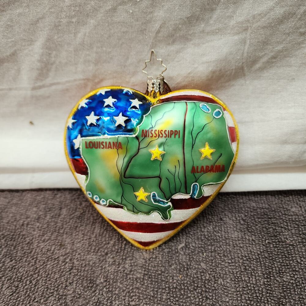 Radko heart Louisiana Mississippi Alabama Blown Glass Christmas ornament b34